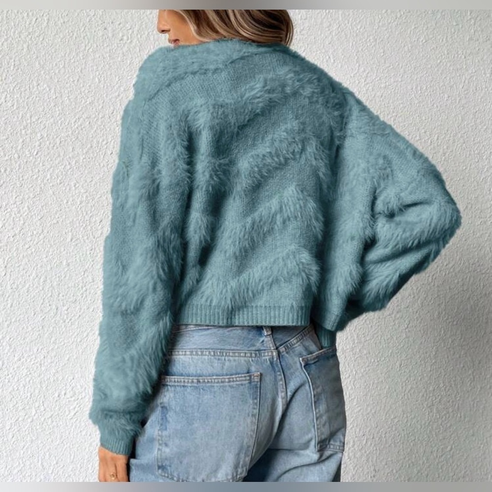 Women's Teal Fuzzy Cardigan - Picture 4 of 7